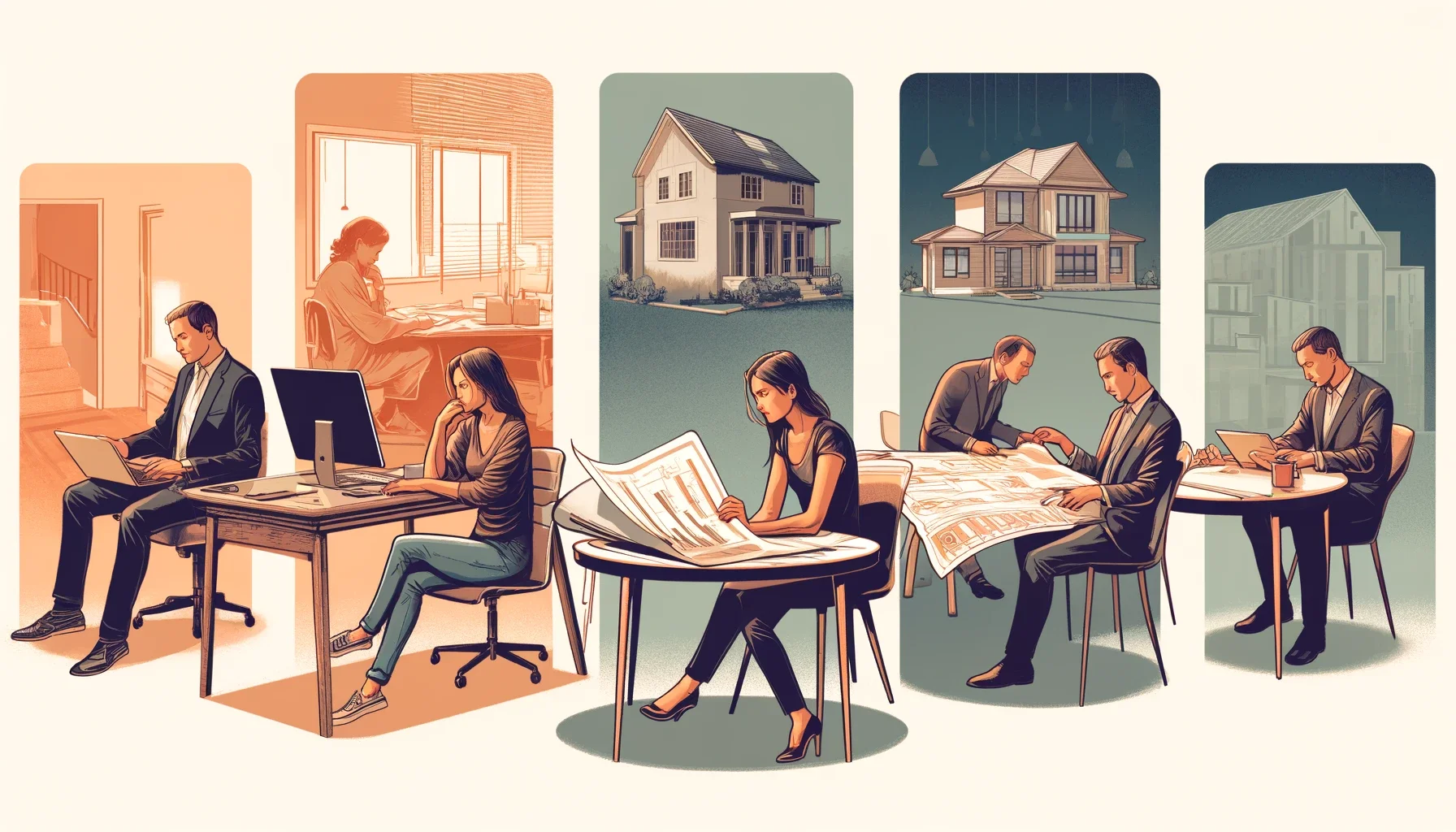 Sequential artwork showing people at different stages of mortgage planning process.