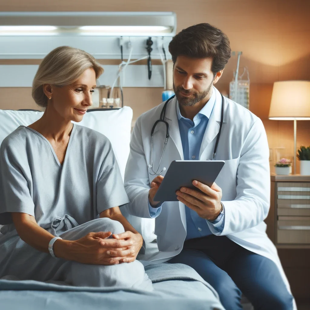 image depicting a comforting scene in a modern private hospital room, with a patient speaking to a doctor. The patient appears relaxed and well-cared for, emphasizing the personalized care and quick access to healthcare services provided by PMI.