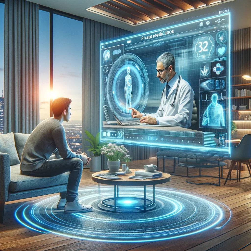 image depicting a futuristic scene of telemedicine in action, where a patient at home is on a video call with their doctor, who is reviewing medical data on a digital interface.