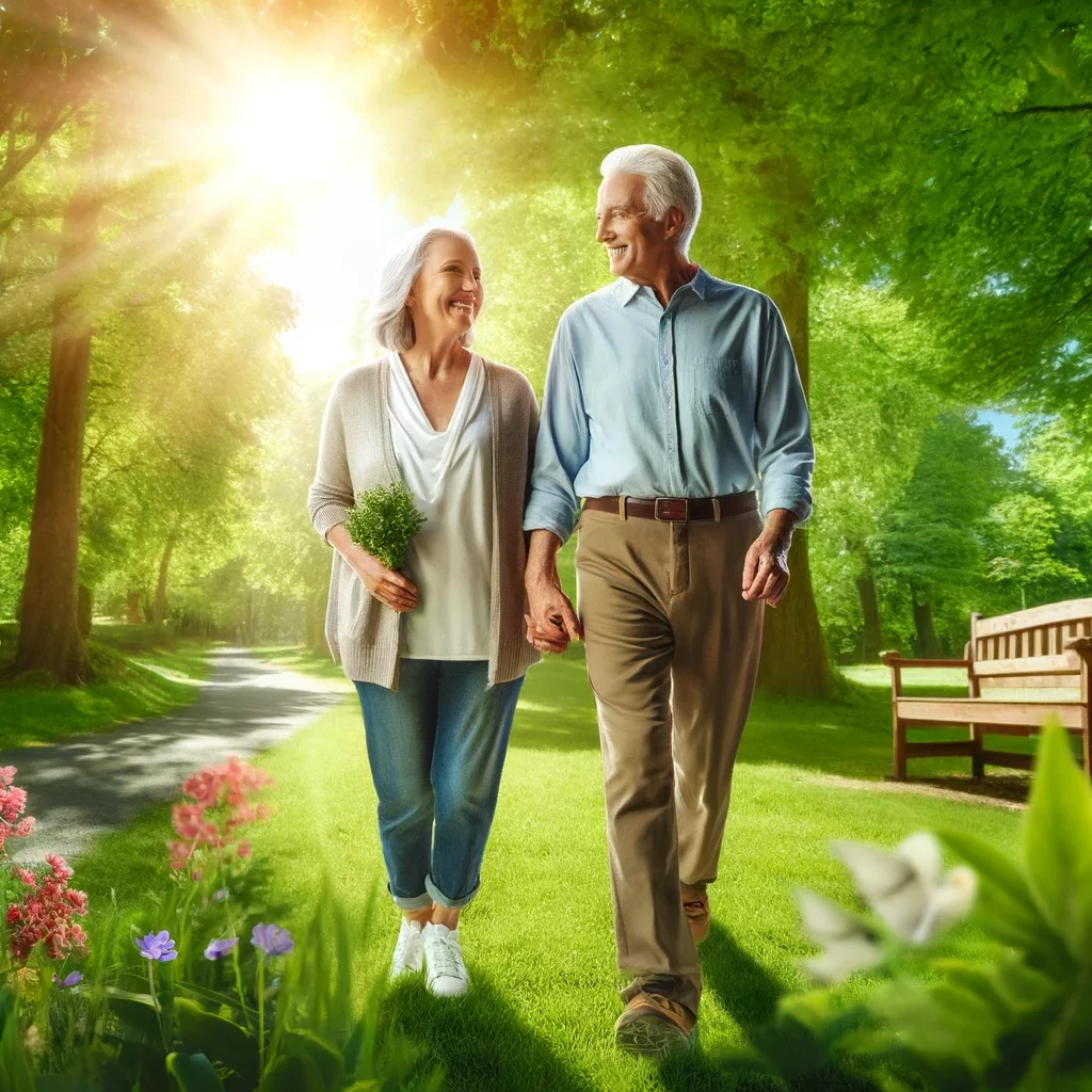 image depicting an elderly couple enjoying a peaceful walk in a park, visibly healthy and active.