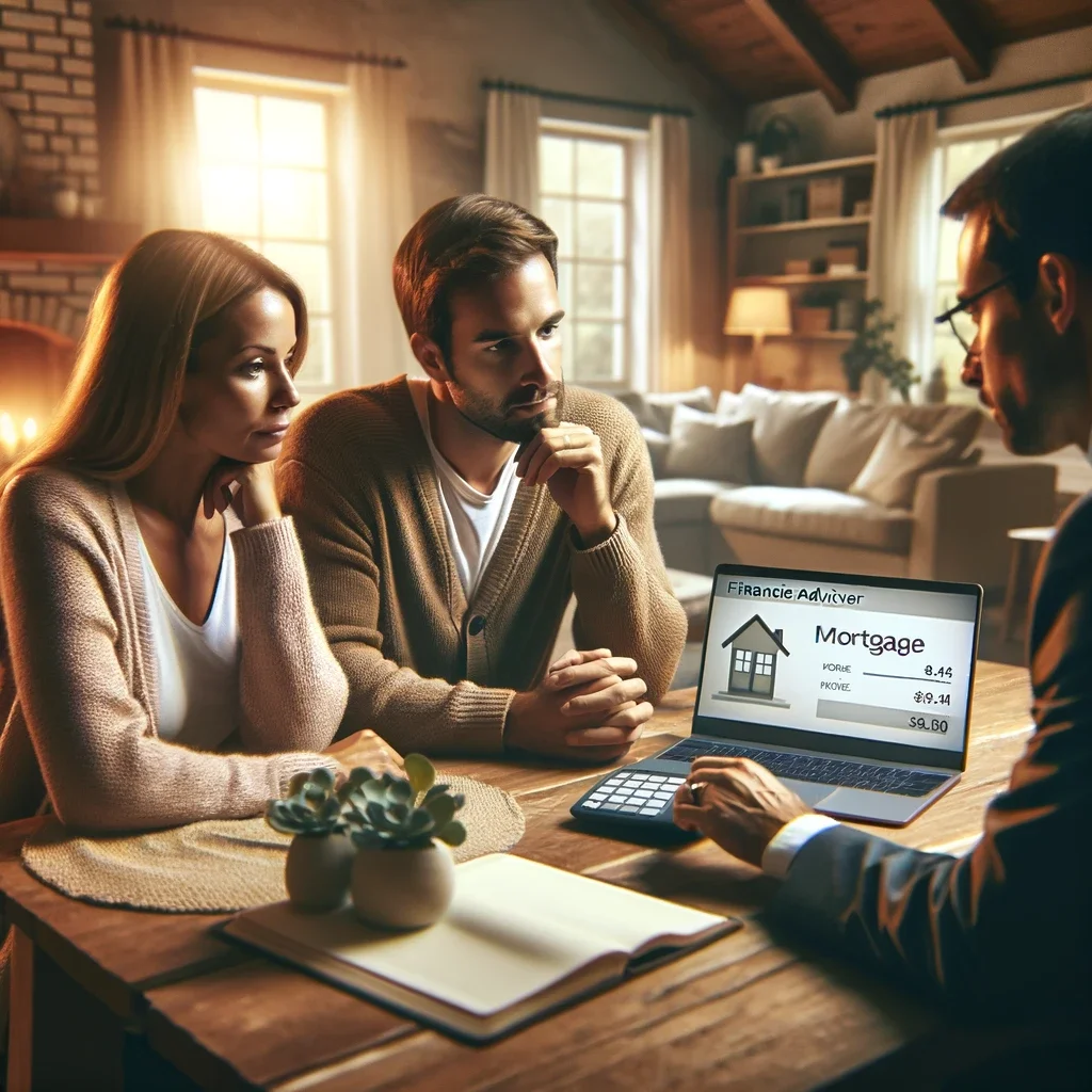 Here is the image depicting a family (a couple and a mortgage advisor) sitting at a table, discussing mortgage options with a laptop open to a mortgage calculator website.