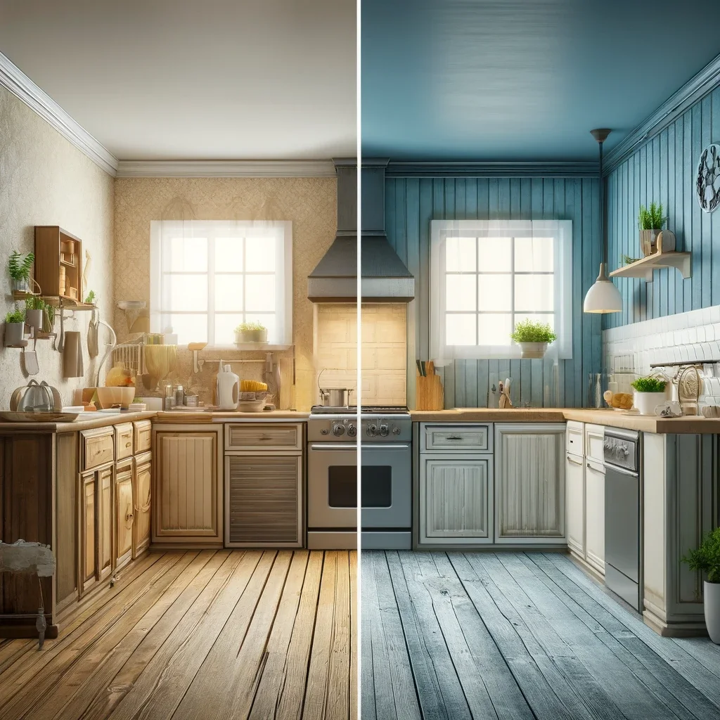 split image showing the before and after views of a home renovation. The 'before' side features a slightly outdated kitchen, while the 'after' side displays the same kitchen beautifully remodeled and modernized.