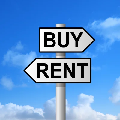 "Buy or Rent?" question with sign displaying "Buy" and "Rent".