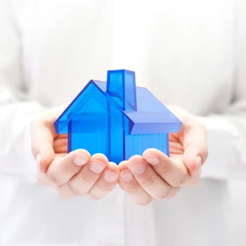Person holding a small blue model house in their hands
