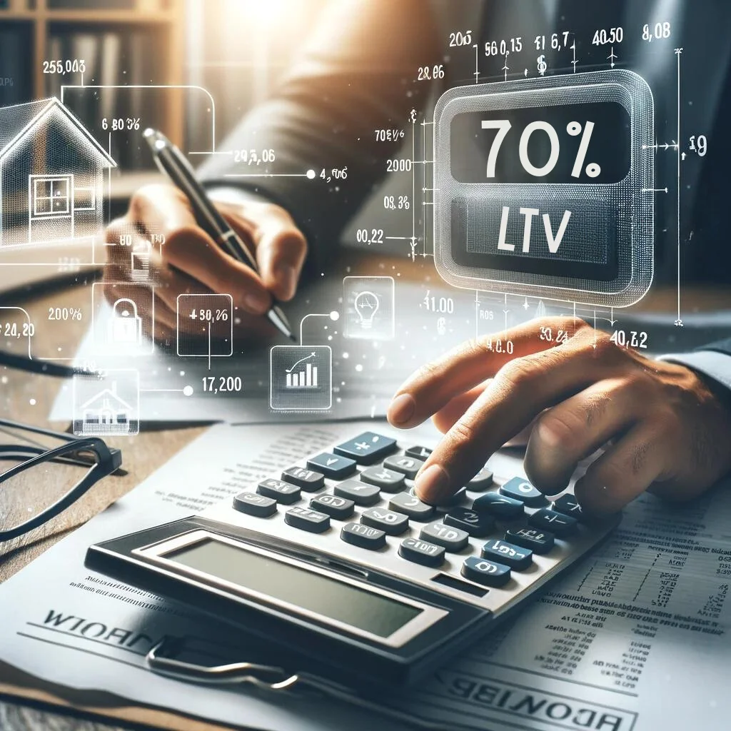 Here is the image depicting a person using a calculator on a desk covered with financial documents, symbolizing the calculation of the Loan to Value (LTV) ratio.