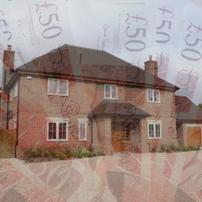 Modern brick house with money scattered around it, potentially symbolizing money out